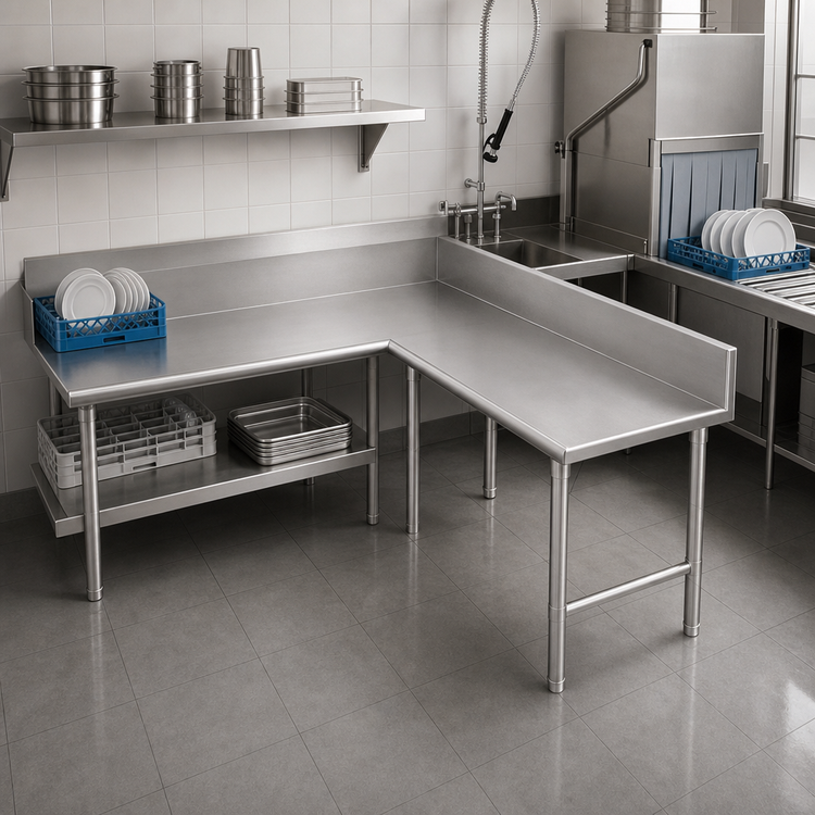 Product image #3 for John Boos Pro-Bowl L-Shaped Island Clean Dishtable, 60" Machine-to-Corner x 48" Corner-to-End, Left-to-Right Operation