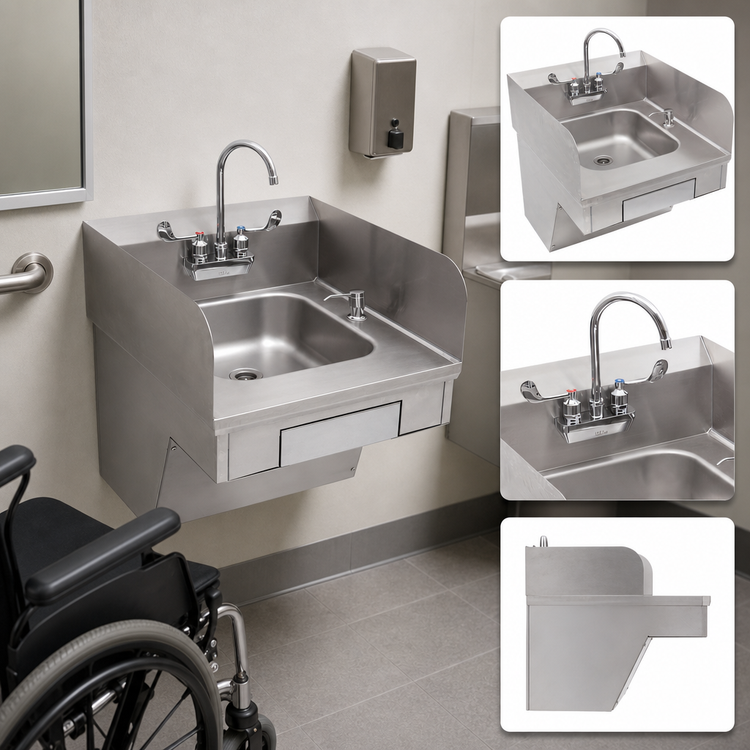 Product image #3 for John Boos Pro-Bowl ADA Wall-Mount Stainless Steel Hand Sink with Side Splashes, Faucet, and Dispensers