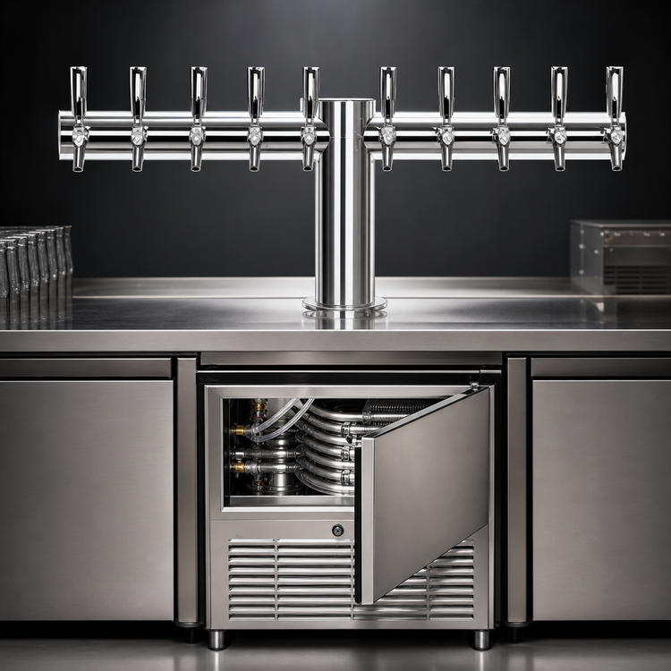 Product image #3 for Metropolis T-Style 10-Faucet Countertop Glycol-Cooled Draft Beer Tower, 34 Inch Wide, Polished Stainless Steel