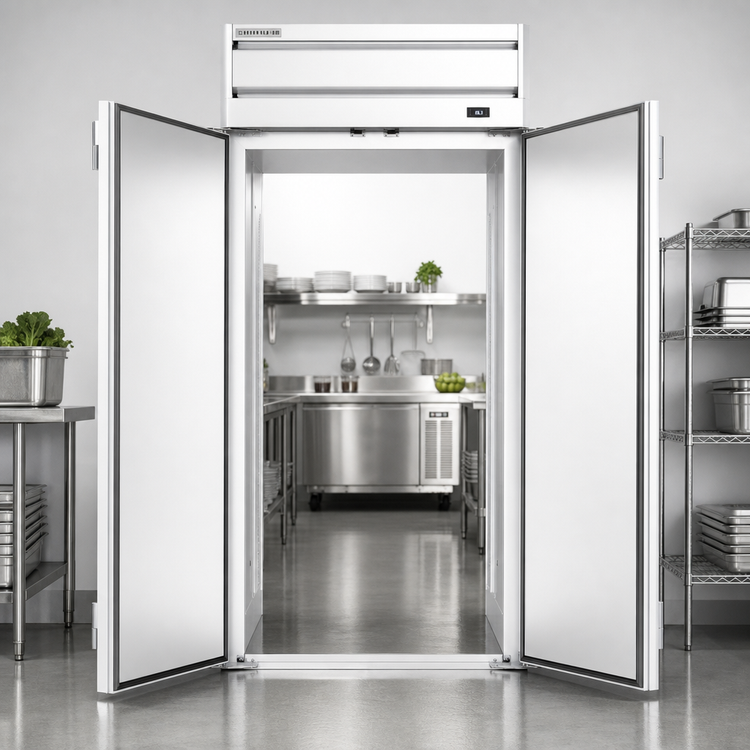 Product image #3 for Beverage-Air P-Series Extra Tall Roll-Thru Refrigerator, One-Section, Top-Mount Self-Contained, Two Solid Doors
