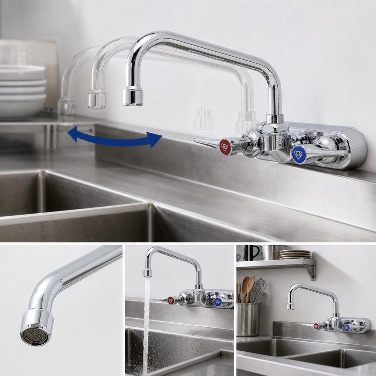 Product image #3 for T&S Brass 4-Inch Wall-Mount Workboard Mixing Faucet with 6-Inch Swing Nozzle, Cerama Cartridges, Master Pack of 6