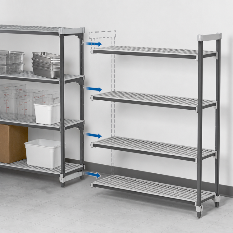 Product image #3 for Cambro Camshelving Elements XTRA 4-Tier Stationary Add-On Polymer Shelving Unit, 18 x 48 x 64 Inches, Vented, Speckled Gray
