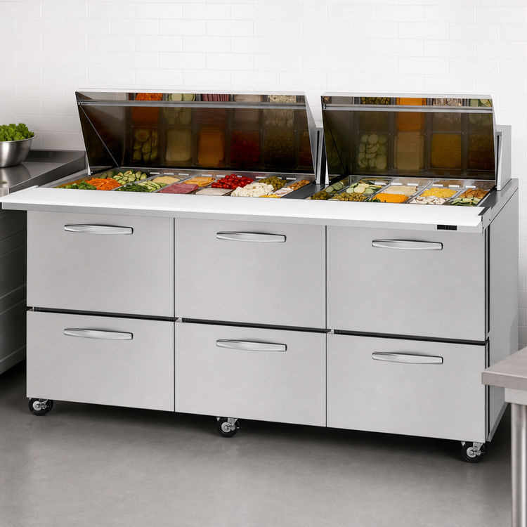 Product image #3 for Turbo Air PRO Series Mega Top Three-Section Sandwich/Salad Prep Table with 6 Drawers, 72-5/8 Inch