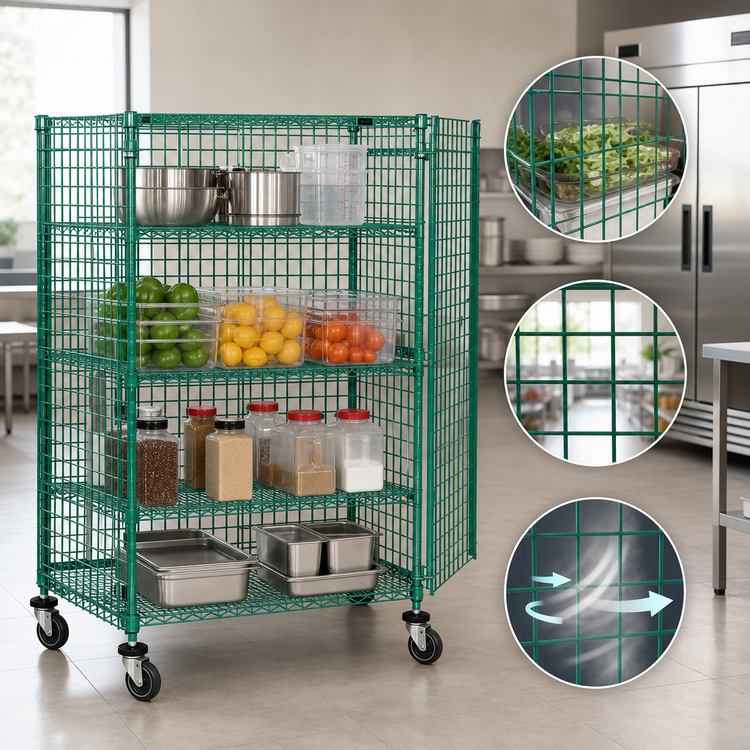 Product image #3 for Quantum Open Wire Mobile Security Cage with 2 Intermediate Shelves, Panel Doors, 48 x 21 x 69 Inches, Green Epoxy Finish
