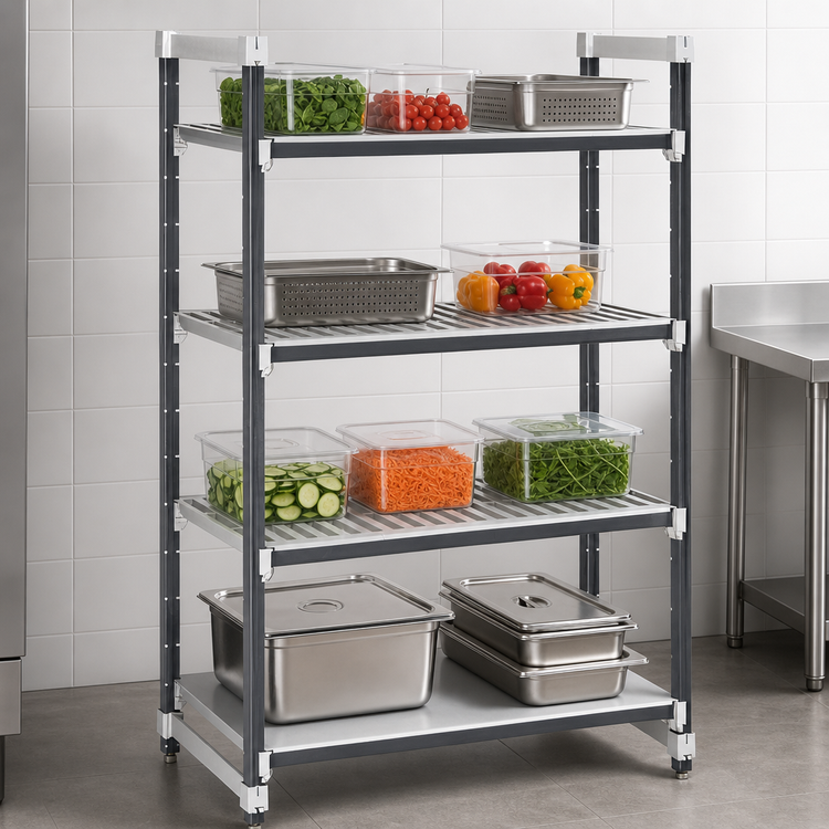 Product image #3 for Cambro Camshelving Elements XTRA 4-Tier Stationary Starter Unit, 24 x 48 x 64 Inches, Vented and Solid Shelves, Speckled Gray