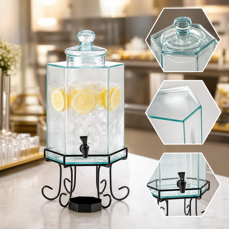 Product image #3 for Cal-Mil Iron Collection 2 Gallon Hexagon Glass Beverage Dispenser with Ice Chamber and Drip Tray