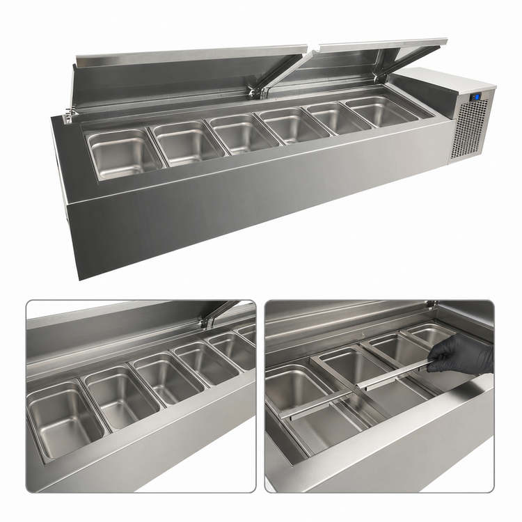 Product image #3 for 60-Inch Refrigerated Countertop Condiment Rail with Hinged Cover, Holds 6 1/3-Size Pans