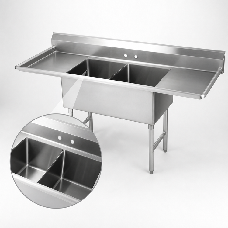 Product image #3 for Advance Tabco Fabricated 2-Compartment Stainless Steel Sink with Left and Right Drainboards, 24 x 24 x 14-Inch Bowls, 96-Inch Overall Length