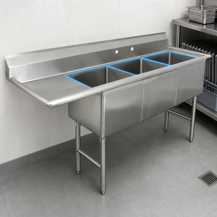 Product image #3 for Advance Tabco 3-Compartment Fabricated Sink with 15-Inch Left Drainboard, 62-1/2 Inch Long