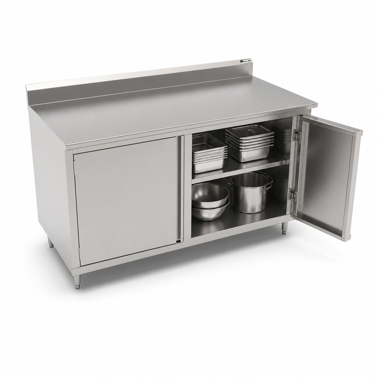 Product image #3 for John Boos 84" x 36" Enclosed Stainless Steel Work Table with Hinged Cabinet Doors and 5" Backsplash