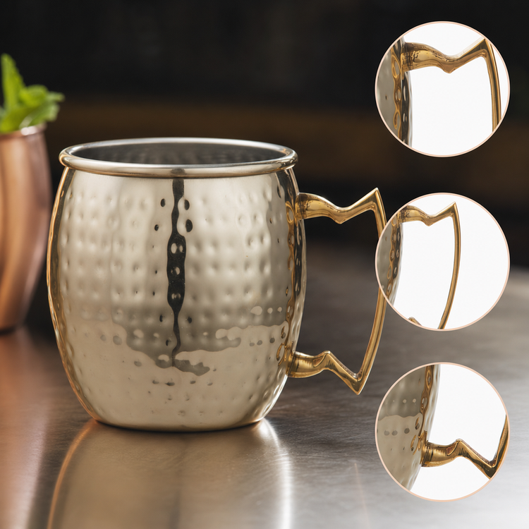 Product image #3 for American Metalcraft 16 Ounce Moscow Mule Mug with Brass Handle, Stainless Steel, Gold Hammered Finish