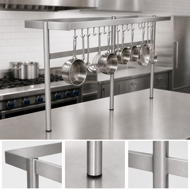 Product image #3 for John Boos PRTC4 Square Table-Mount Stainless Steel Pot Rack, 91-1/4W x 18D x 48H, 24 Double Hooks
