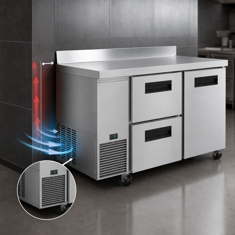 Product image #3 for Hoshizaki Steelheart 60-Inch Two-Section Worktop Refrigerator with One Door and Two Drawers, Side-Mounted Refrigeration
