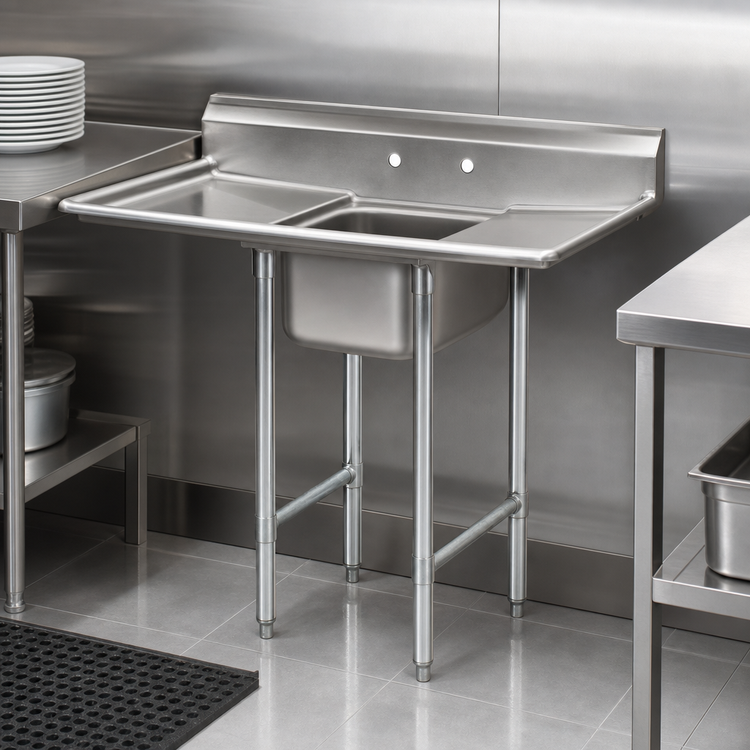 Product image #3 for Eagle Group One-Compartment Commercial Sink with Galvanized Legs, 23-1/4 x 27-1/2 Inches, 430 Stainless Steel, 9-1/2 Inch Backsplash