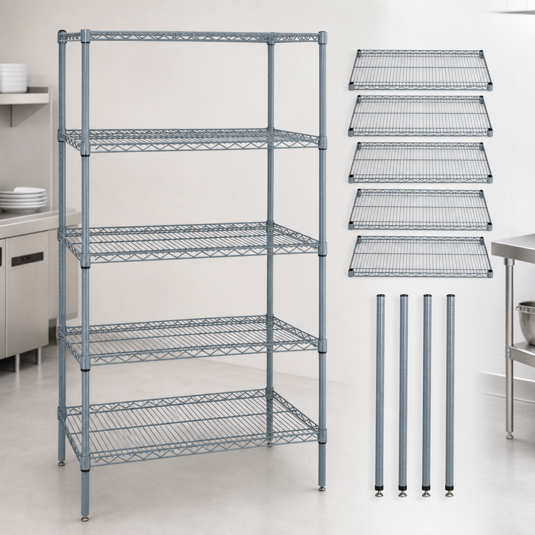 Product image #3 for Quantum 48"W x 12"D x 86"H Stationary Wire Shelving Starter Kit, 5 Shelves, Gray Epoxy Antimicrobial Finish