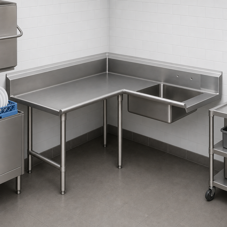 Product image #3 for John Boos Pro-Bowl L-Shaped Soiled Corner Dish Table, 60" Machine-to-Corner x 120" Corner-to-End, with 20" x 20" Sink Bowl