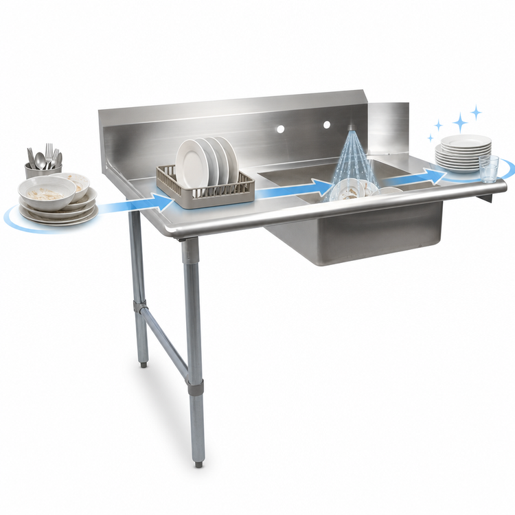 Product image #3 for BK Resources Heavy-Duty Straight Soiled Dish Table with Pre-Rinse Sink, 60 Inch, Left-to-Right, Stainless Steel