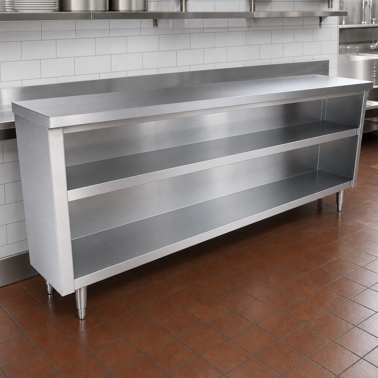 Product image #3 for Advance Tabco Special Value Series Stainless Steel Dish Cabinet with Open Base and Mid-Shelf, 72 x 15 x 35-1/2 Inches
