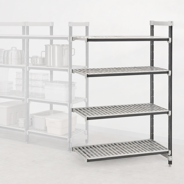 Product image #3 for Cambro Camshelving Elements XTRA Stationary Add-On Polymer Shelving Unit, 18 x 30 x 64 Inches, 4-Tier Vented, Speckled Gray