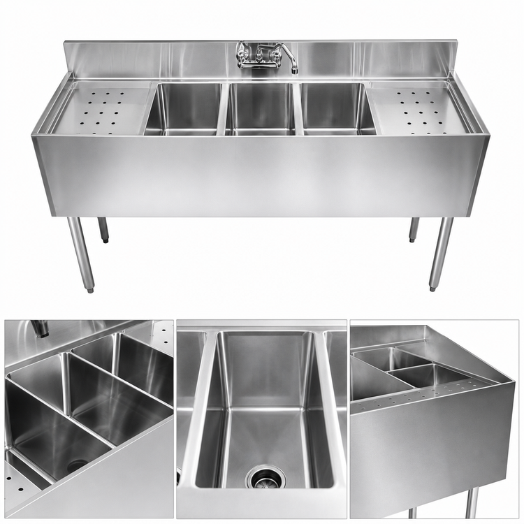 Product image #3 for CHOICE by Glastender C-FSB-96 Four-Compartment Underbar Sink Unit with Dual Drainboards, 96 x 24 Inches