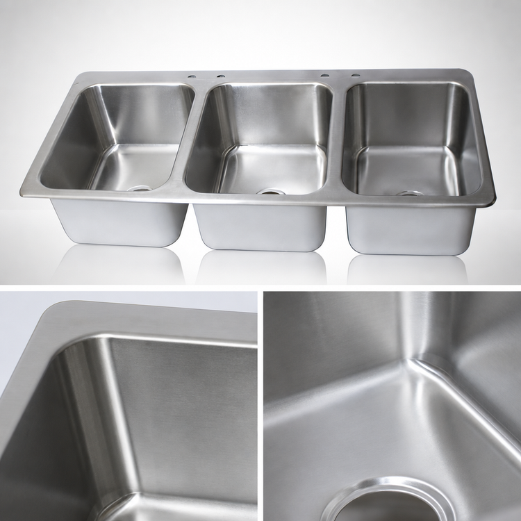 Product image #3 for BK Resources Deep Drawn 3-Compartment Drop-In Sink, 55-3/4"W x 25"D x 12"H, 16" x 20" x 12" Bowls