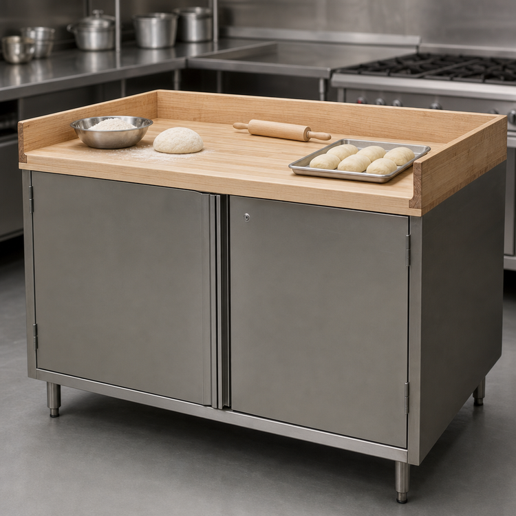 Product image #3 for BK Resources 60-Inch x 36-Inch Hard Maple Wood Top Chef Table with Locking Cabinet Base and Hinged Doors
