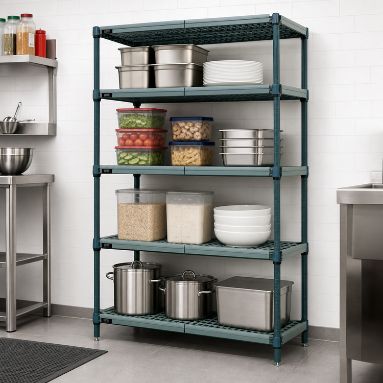 Product image #3 for Quantum Stationary 4-Tier Wire Plastic Mat Shelving Unit, 42" W x 21" D x 74" H, Green Epoxy Antimicrobial Finish