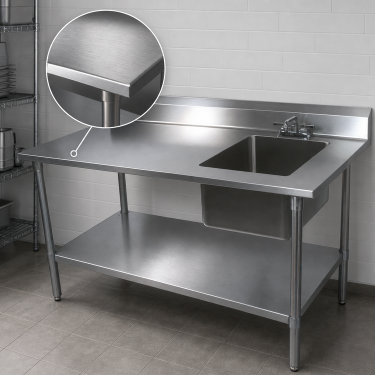 Product image #3 for John Boos 48-Inch 16-Gauge Stainless Steel Sink Table with Right Bowl, 5-Inch Backsplash, Galvanized Base, and Faucet