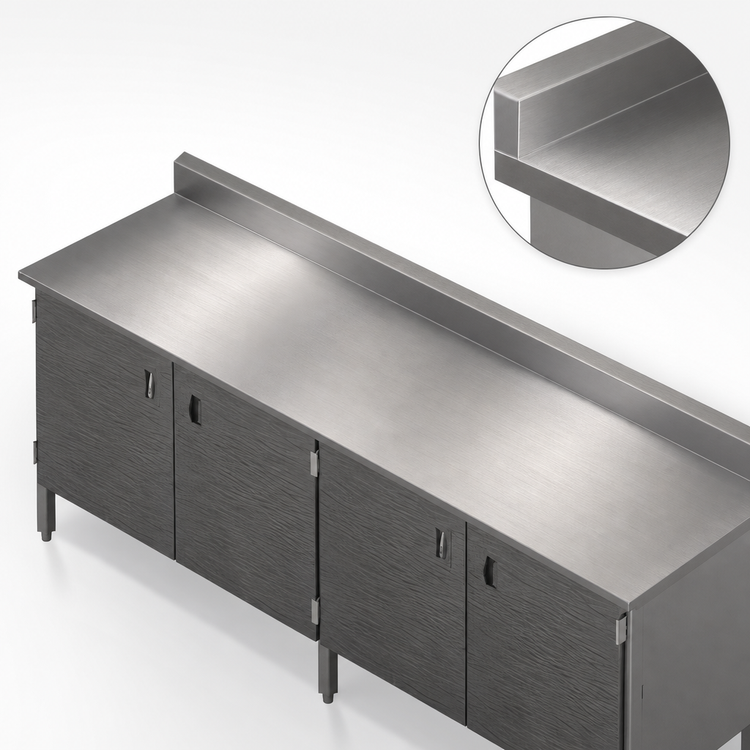 Product image #3 for John Boos Enclosed Base Work Table with Hinged Doors, 132 x 24 Inches, 16-Gauge 300 Series Stainless Steel Top, 5-Inch Backsplash