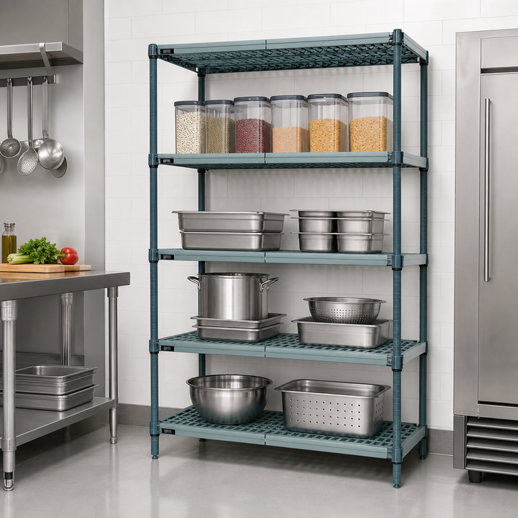 Product image #3 for Quantum WR86-1454WPM Stationary 4-Tier Wire Plastic Mat Shelving Unit, 54 x 14 x 86 Inches, Green Epoxy Coated
