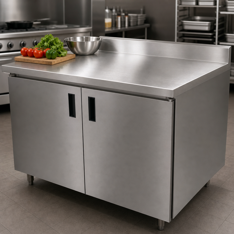 Product image #3 for Advance Tabco 72 Inch x 30 Inch Enclosed Work Table with Cabinet Base, Mid-Shelf, Hinged Doors, 14 Gauge 304 Stainless Steel Top, and 5 Inch Backsplash