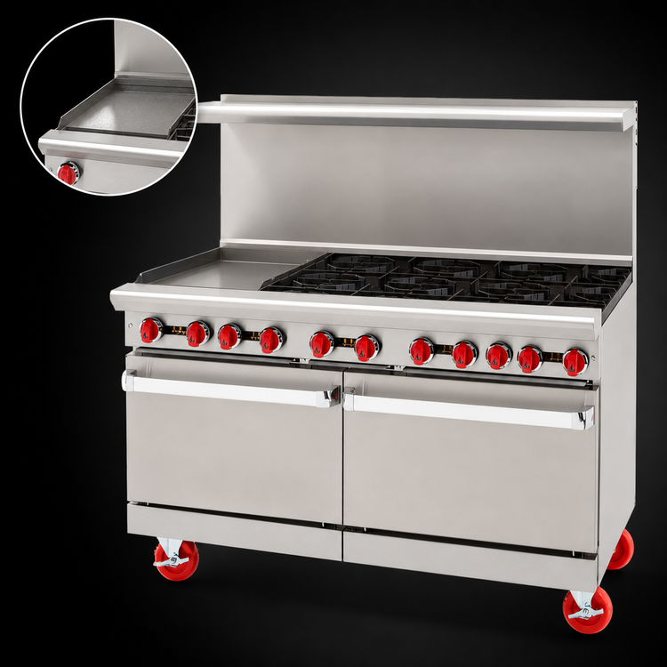 Product image #3 for American Range 60-Inch Gas Restaurant Range with 12-Inch Griddle, 8 Open Burners, Convection Oven, and Standard Oven