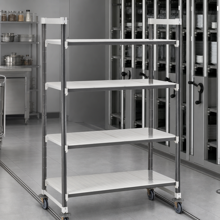 Product image #3 for Cambro Camshelving Elements XTRA 4-Tier High Density Mobile Starter Unit, 18 x 60 x 70-1/4 Inches, Solid Shelves, Speckled Gray