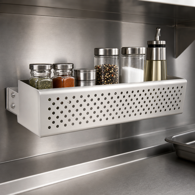Product image #4 for BK Resources Wall- or Pot-Rack Mounted Condiment/Spice Rack, 18-1/2 x 6-7/8 x 3-7/8 Inches, T304 Stainless Steel