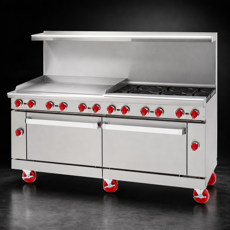 Product image #3 for Commercial Gas Restaurant Range with 48-Inch Griddle, 4 Open Burners, and 2 Convection Ovens