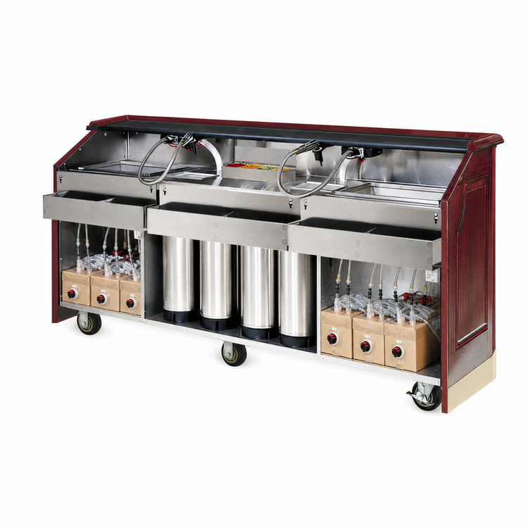 Product image #3 for Architectural Series 96-Inch Mahogany Wood Post-Mix/Bag-in-Box Portable Bar with Dual 50 lb. Ice Bins
