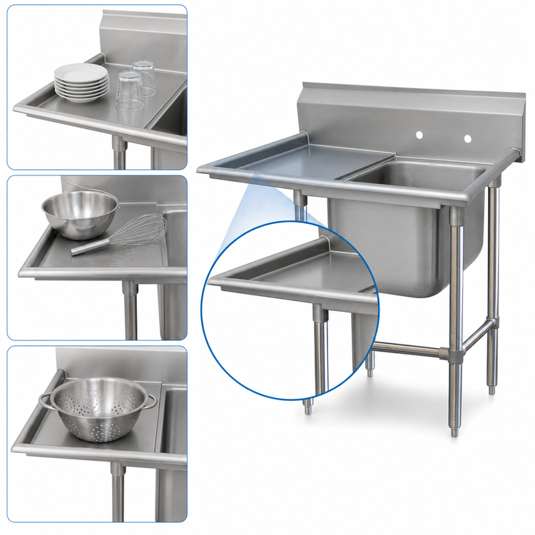 Product image #3 for Advance Tabco Regaline 1-Compartment Commercial Sink with Left-Hand Drainboard, 20 x 28 Inch Bowl, 14-Gauge 304 Stainless Steel