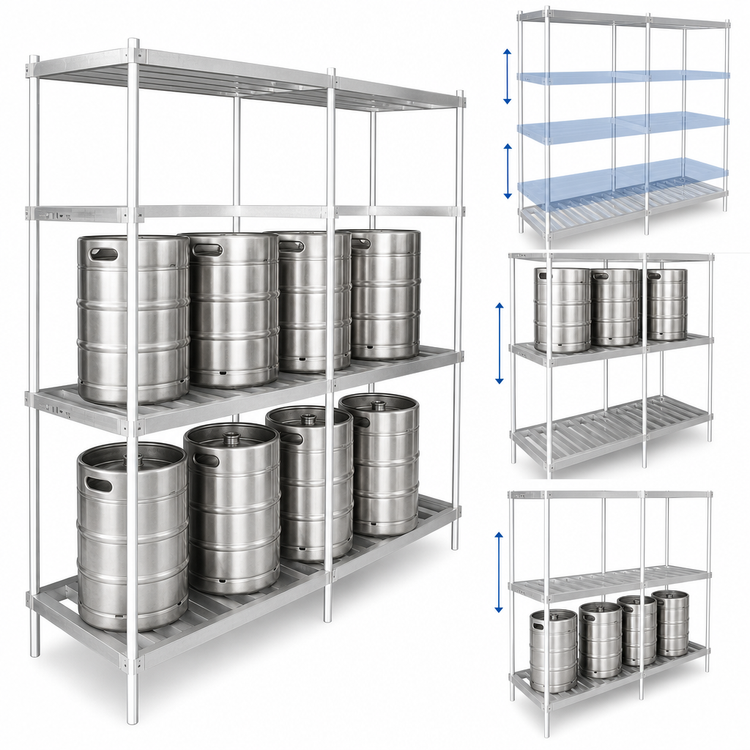 Product image #3 for John Boos 3-Shelf Aluminum Keg Rack, 72"W x 20"D x 76"H, 8-Keg Capacity