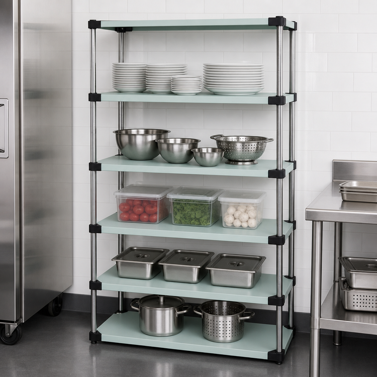 Product image #3 for Quantum Solid Stainless Steel Stationary Shelving Starter Kit, 24W x 21D x 54H, 5 Shelves