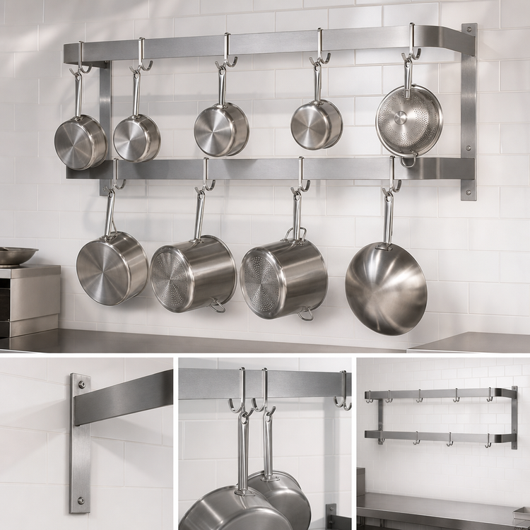Product image #3 for John Boos Wall-Mount Double-Bar Stainless Steel Pot Rack, 132 Inch, 22 Double Hooks