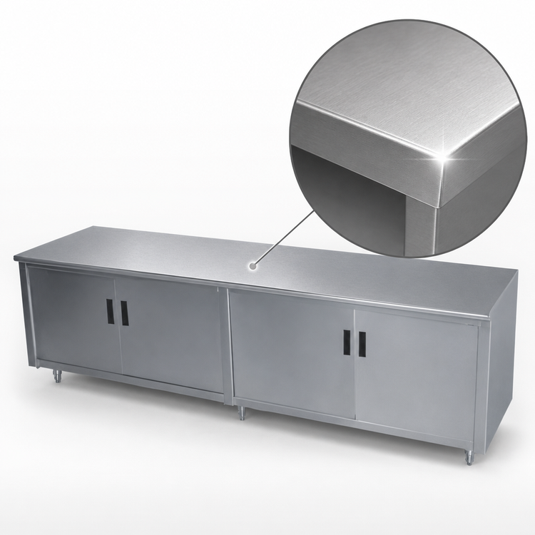 Product image #3 for Advance Tabco Enclosed Work Table with Cabinet Base, Mid-Shelf and Hinged Doors, 108 x 36 Inches, 14 Gauge 304 Stainless Steel Flat Top