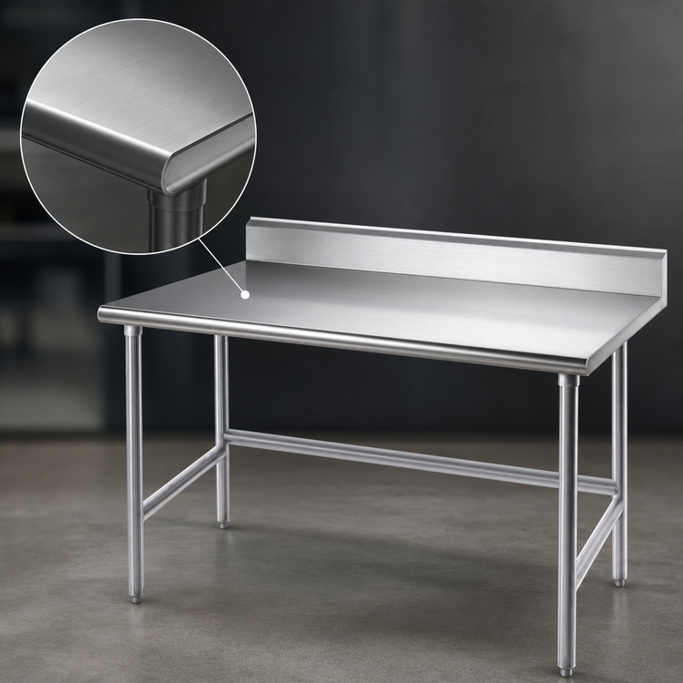 Product image #3 for Advance Tabco 144-Inch x 36-Inch 14 Gauge 304 Stainless Steel Work Table with 5-Inch Backsplash and Galvanized Open Base