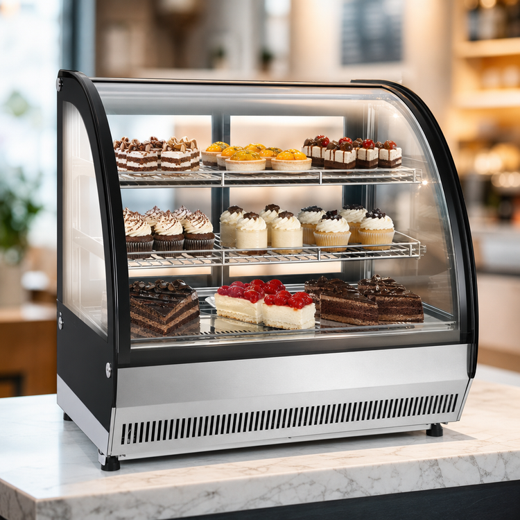 Product image #4 for Atosa Countertop Curved Front Glass Refrigerated Display Case, 3.5 Cu. Ft., Self-Contained, 2 Sliding Doors