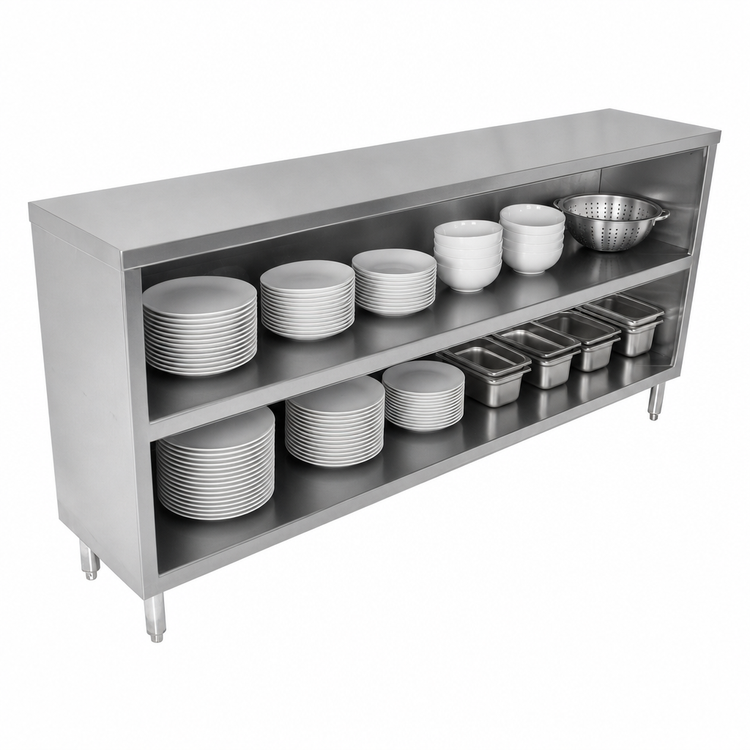 Product image #3 for John Boos 96-Inch Wide Open Front Stainless Steel Dish Storage Cabinet with Open Base and Mid Shelf