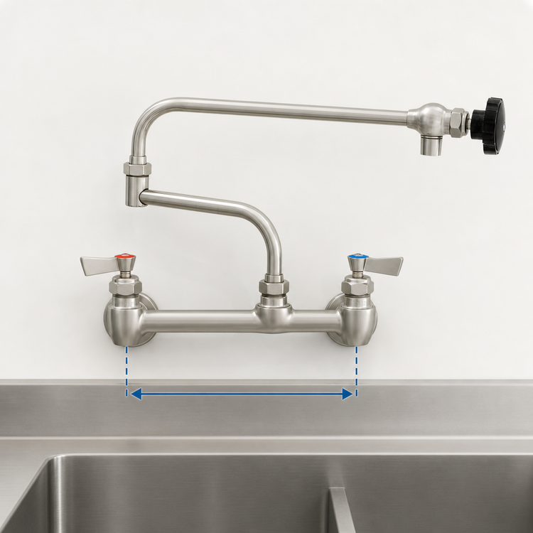 Product image #3 for Fisher 8 Inch Adjustable Wall Mount Pre-Rinse Faucet with 12 Inch Control Swing Spout and 7 Inch Double-Jointed Spout, Stainless Steel