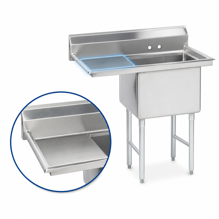 Product image #3 for Advance Tabco 1-Compartment Fabricated Sink with 18-Inch Left Drainboard, 24 x 24 x 14 Bowl, 304 Stainless Steel