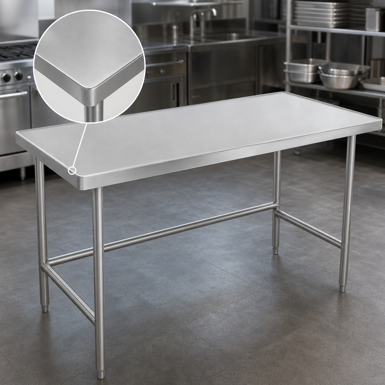 Product image #3 for Advance Tabco 48" x 48" 14-Gauge 304 Stainless Steel Open Base Work Table with Countertop Edge