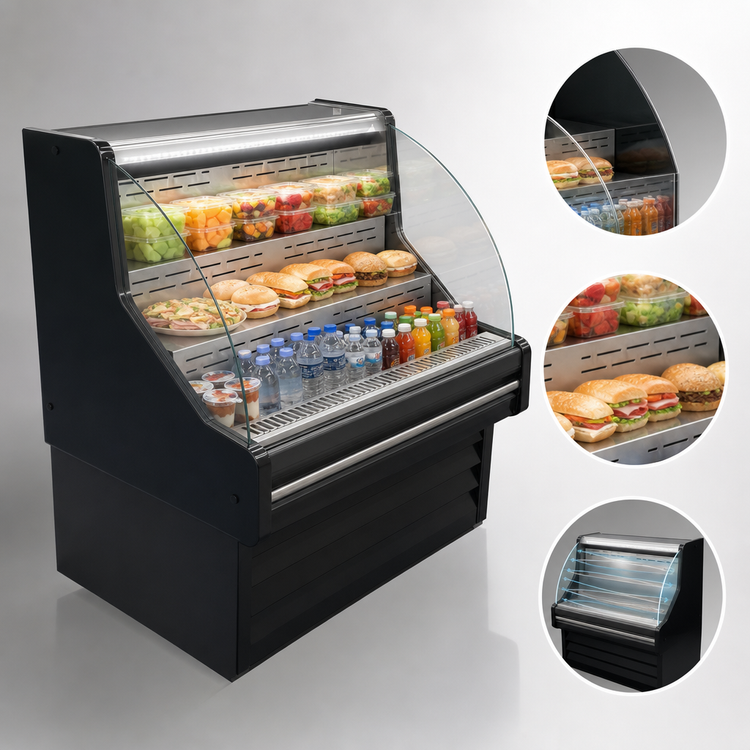 Product image #3 for Howard-McCray 35E Series 63-Inch Curved Glass Remote Open Merchandiser with LED Top Light, Black