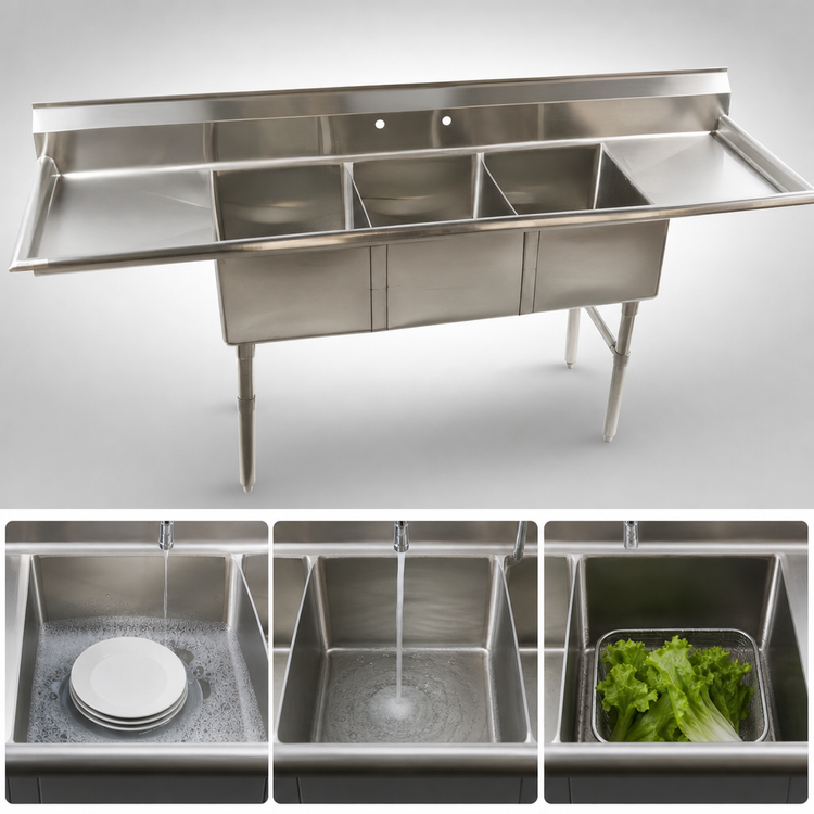 Product image #3 for 102-Inch Economy 3-Compartment Stainless Steel Sink with Double Drainboards