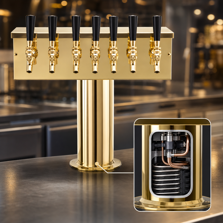 Product image #3 for 6-Faucet Single-Column T-Style Countertop Glycol-Cooled Draft Beer Tower with PVD Brass Finish